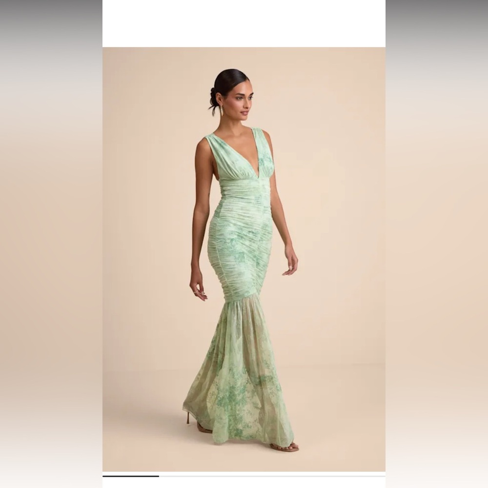 Lulus Jamie Mint Green Floral Mesh Sheer Hem Maxi Dress - Size L